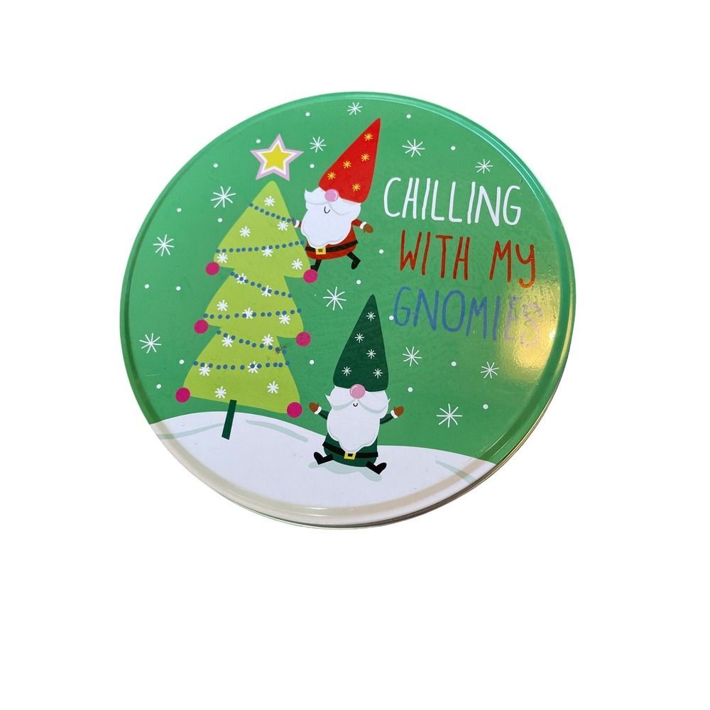 Round Christmas Tin "Chilling With My",‎ Gnomes Tree Polka Dot Lid Storage